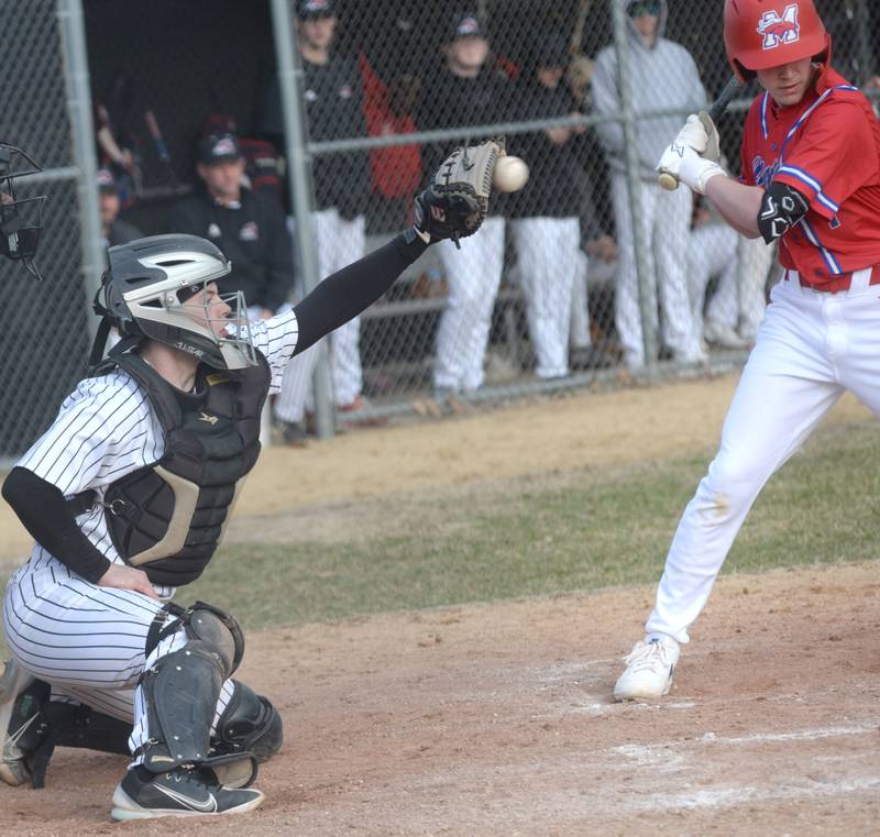 Fulton's Chase Fletcher catches a pitch against Morrison on Friday, March 21, 2025 in Fulton.