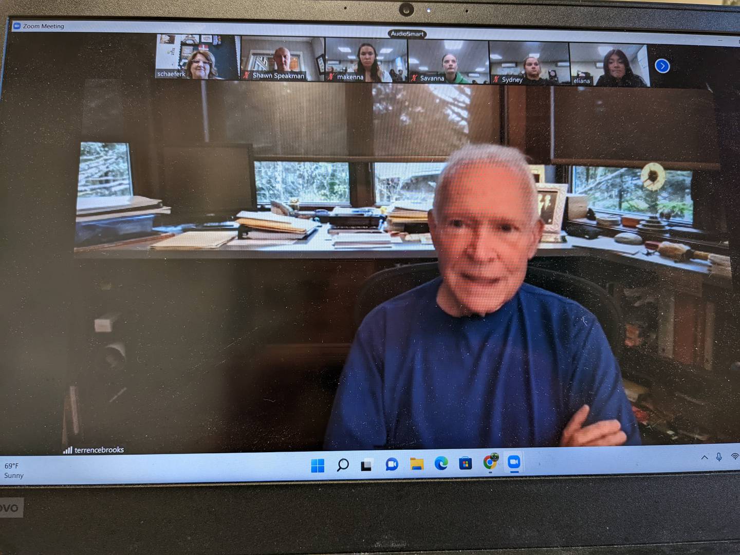 Author Terry Brooks appears during a Zoom call in a Nov. 10 discussion with students in a literature genre studies class at Rock Falls High School.