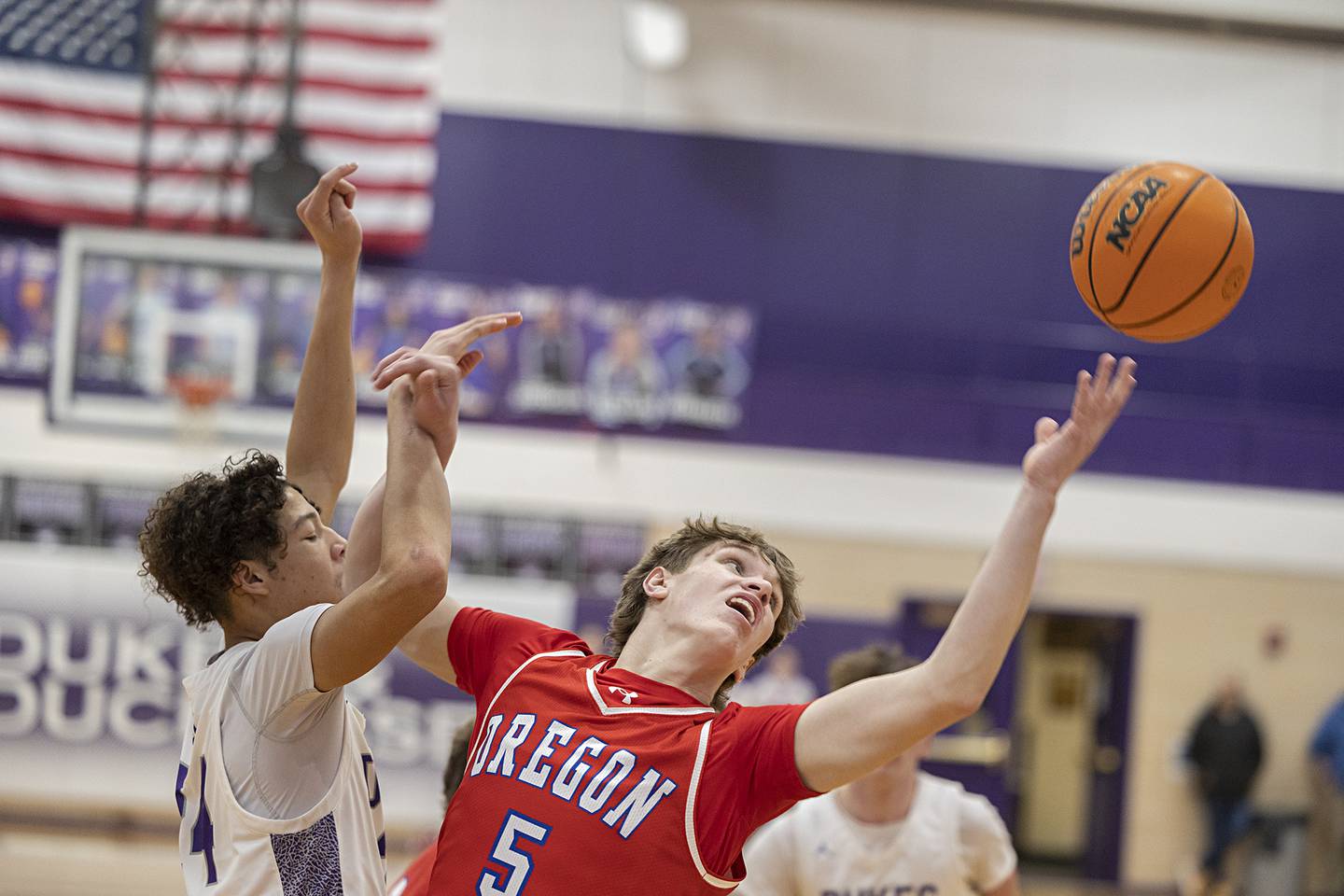 Oregon’s Tucker O’Brien reaches for a rebound against Dixon Tuesday, Feb. 3, 2026.