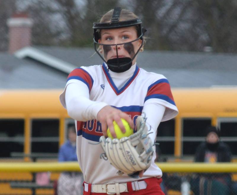 Morrison's Bella Duncan zeroes in on home plate as she pitches against Polo on Thursday, April 10, 2025 in Polo.