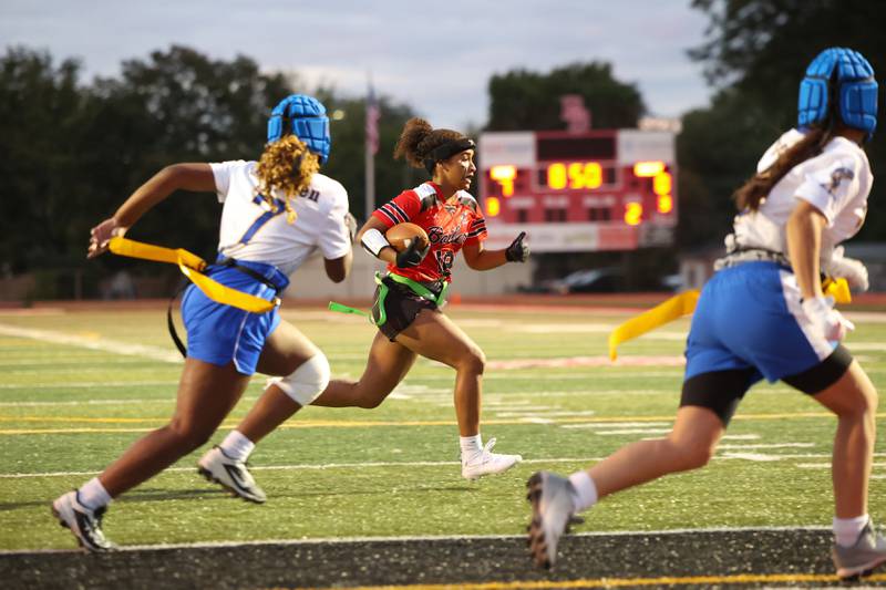Bradley-Bourbonnais' Nia Lawrence runs in a touchdown during the Boilermakers' 60-7 victory over Joliet Central in the season opener on Aug. 25, 2025.