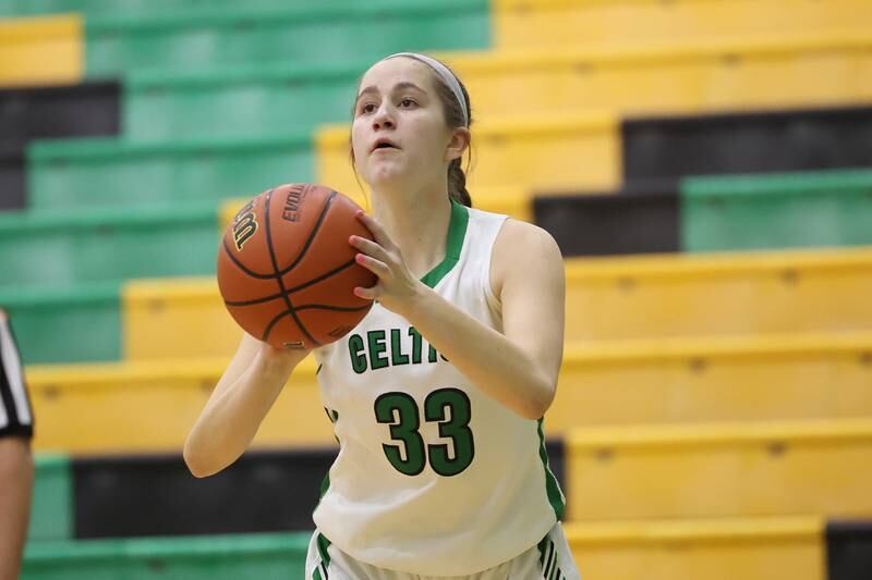 Providence’s Claire Wajda lines up the three point shot against IMSA in the Class 3A Providence Regional Semifinal on Tuesday, February 14th.