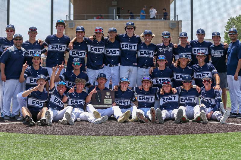 Oswego East celebrates the victory over Oswego in their Class 4A Romeoville Sectional final game.  June 3, 2023.