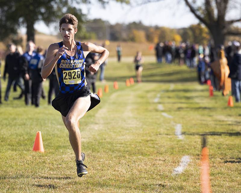 Rockford Christian’s Weston Forward takes the win during the Big Northern Conference cross country race at Sauk Valley College Saturday, Oct. 15, 2022.
