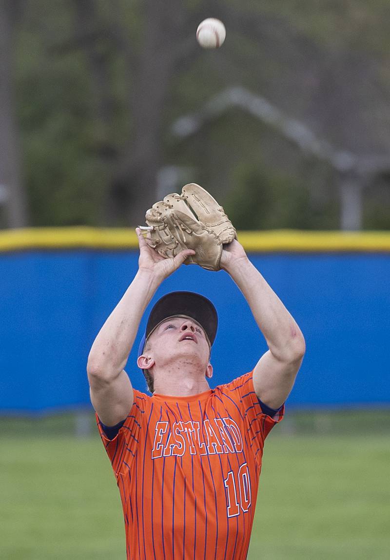 Eastland’s Phineas Mullen camps under a pop-up against Newman Wednesday, April 15, 2026.