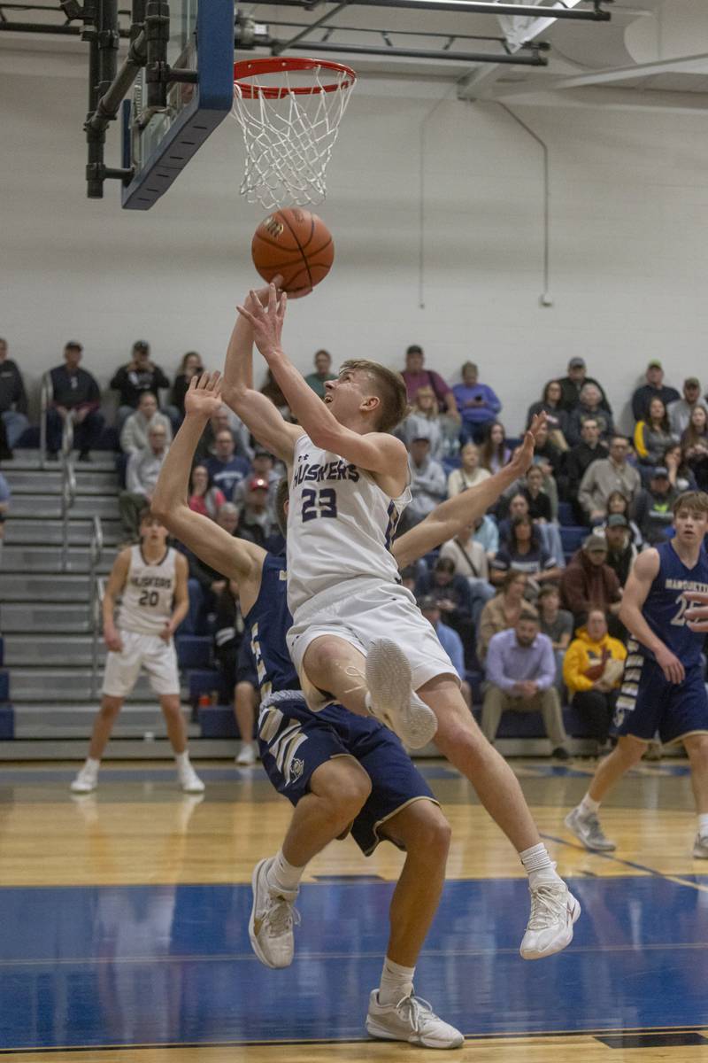 Tanner Faivre of Serena High School takes a shot against Marquette High School during the IHSA Class 1A boys basketball championship at Serena High School on February 23, 2024.