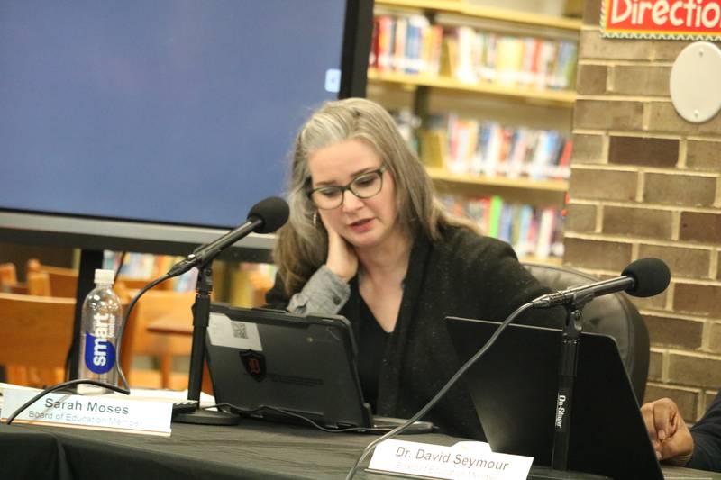 Board Member Sarah Moses gives remarks Tuesday, Feb. 7, 2023 at the DeKalb District 428 school board meeting.