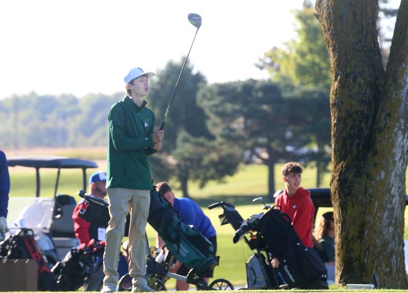 St. Bede's Abraham Wiesbrock tees off on the first hole during the Class 1A golf meet on Wednesday, Oct. 2, 2024 at Spring Creek Golf Course in Spring Valley.