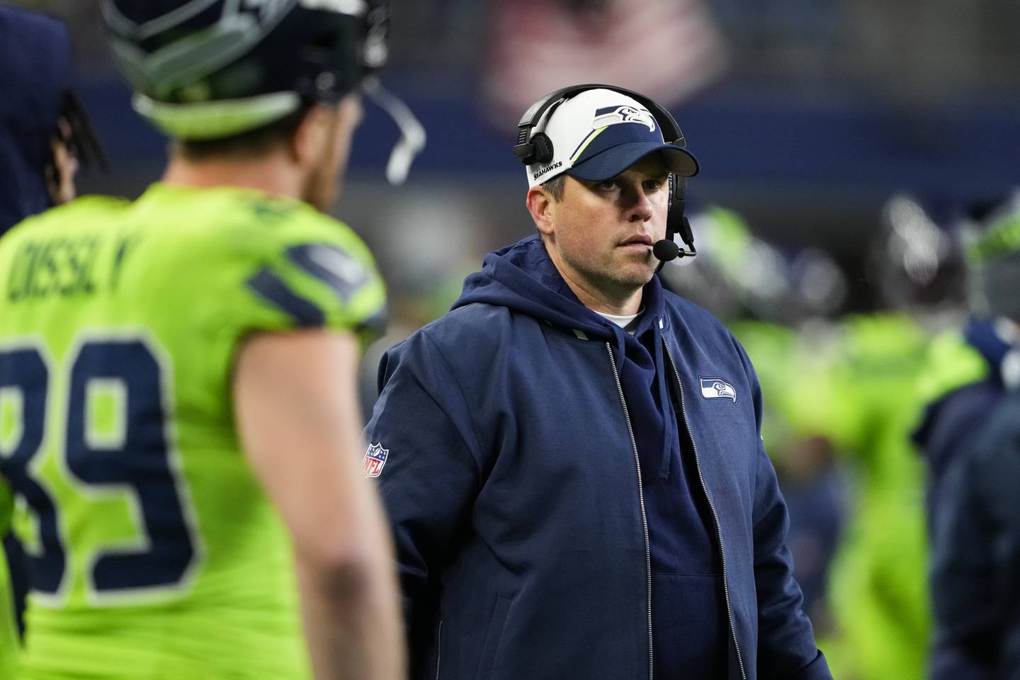 Seattle Seahawks offensive coordinator Shane Waldron stands on the sideline during a game against the San Francisco 49ers, Thursday, Nov. 23, 2023, in Seattle.