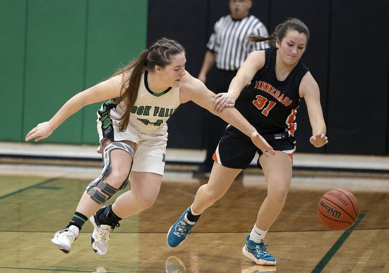 Rock Falls’ Katie Thatcher steals the ball against Winnebago Friday, Jan. 20, 2023.