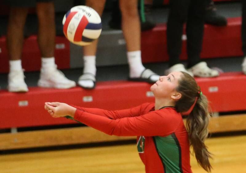 L-P's libero Callie Mertes returns the ball to Kaneland in AJ Sellett Gymnasium on Thursday, Oct. 24, 2024 at L-P High School.