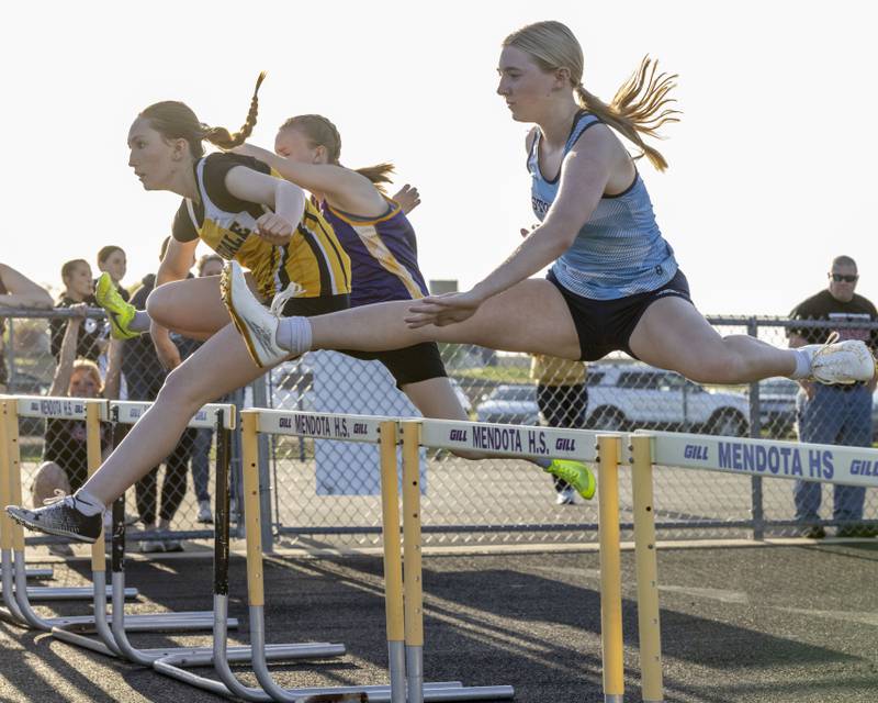 Carlie Wiggins of Bureau Valley High School leaps over the first hurdle during the girls 100mm hurdles at Mendota High School on May 3, 2024.