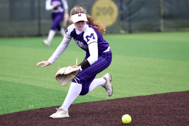 Manteno's Aubrie Goudreau fields a ground ball during the Class 2A Coal City Regional semifinals against Bishop McNamara Wednesday, May 21, 2025.