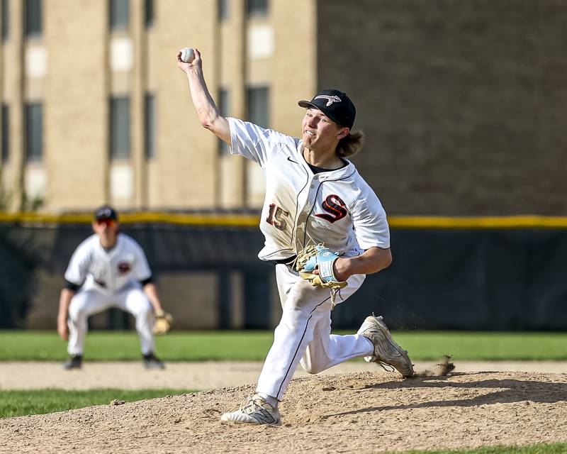 Sandwich's Nick Michalek (15) throws a pitch during baseball game between Marengo at Sandwich Monday, May 5, 2025 in Sandwich.