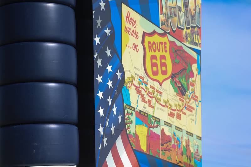 The new Route 66 sculpture includes a map of Route 66 that sits along South Chicago Street at the Route 66 Raceway on Tuesday, May 12, 2026 in Joliet.