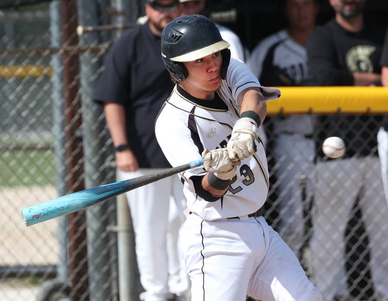 Sycamore's Kyle Hartmann takes a cut during their Class 3A sectional semifinal against Wheaton Academy Wednesday, May 29, 2024, at the Sycamore Community Sports Complex.