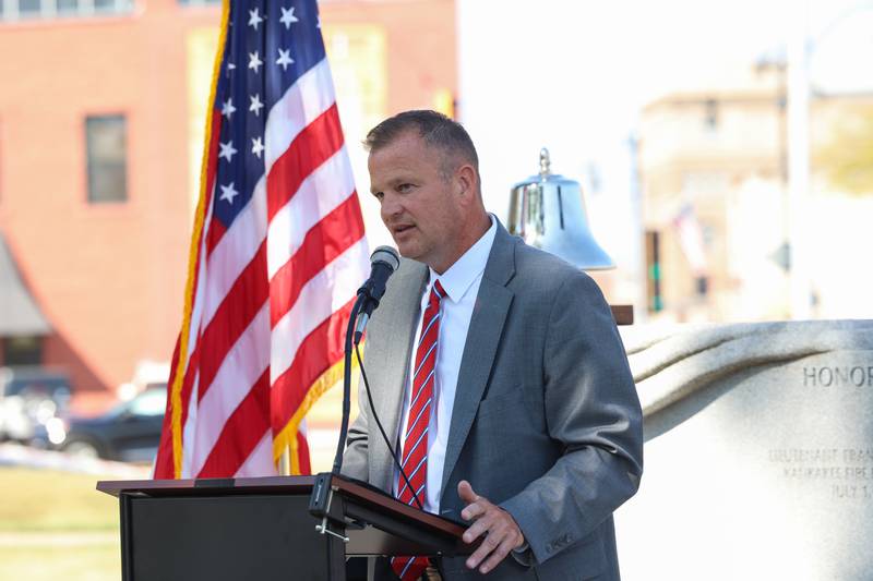 Kankakee County State's Attorney Jim Rowe gives remarks during the 44th Kankakee County Fallen Firefighter Memorial Service on Friday, Oct. 3, 2025.