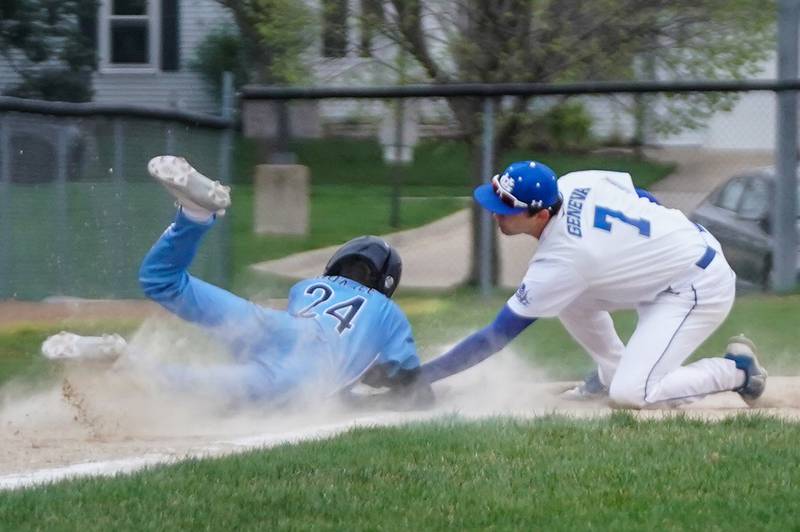 Lake Park's Spencer Hoarle (24) beats a tag by Geneva’s Roland Sorrentino (7) on a pick off attempt during a baseball game at Geneva High School on Wednesday, April 17, 2024.