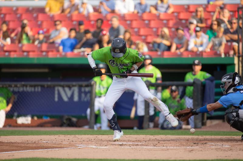 Shortstop Galli Cribbs Jr. (1) attempts to dodge a pitch during a game against the Lake County Dockhounds at Northwestern Medicine Field on Tuesday, July 26, 2022.