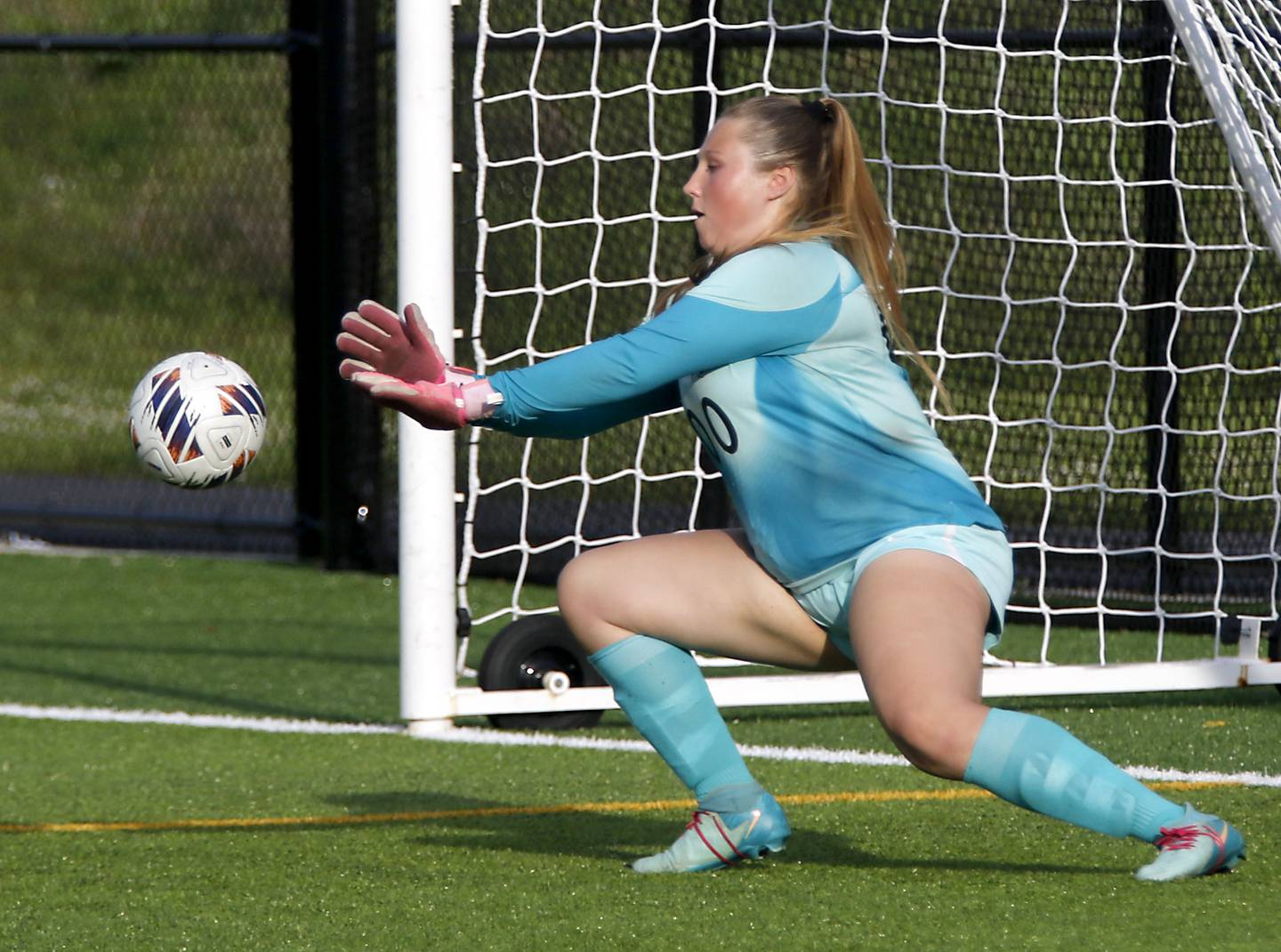 Richmond-Burton's Rylee Molczan locks a Willows Academy shot on goal during an IHSA Class 1A Cristo Rey St. Martin Sectional semifinal girls soccer match on Tuesday, May 26, 2026 at Cristo Rey St. Martin College Prep, in Waukegan.