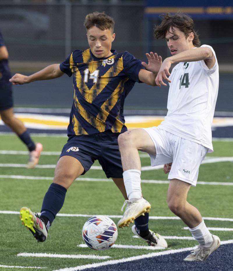 Sterling’s Ian Hilty works against Geneseo’s Cedric Kehoe Tuesday, October. 1, 2024, at Sterling High School.