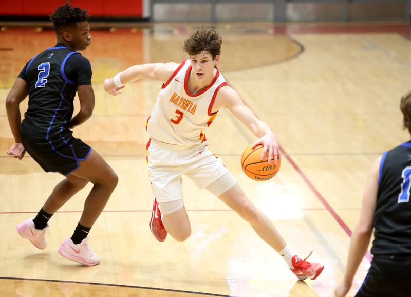 Batavia’s Jax Abalos drives toward the basket during a game against St. Charles North on Wednesday, Dec. 11, 2024 in Batavia.