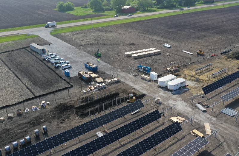 An aerial view of a solar farm being constructed just north of the intersection of North 33 Road and Illinios Route 23 on Wednesday, May 14, 2025 north of Ottawa.