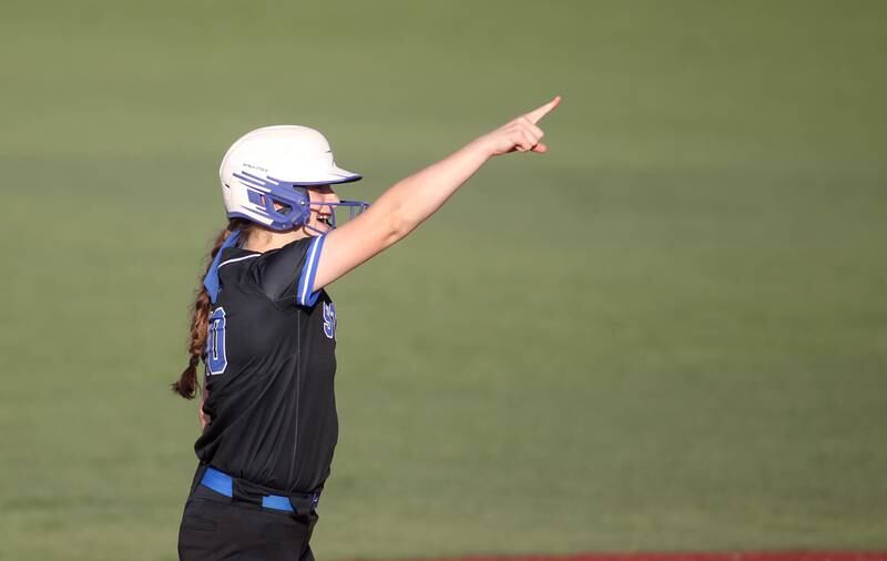 St. Charles North’s Sophia Olman celebrates her double during their Class 4A Rosemont Supersectional win over Whitney Young on Tuesday, June 7, 2022.