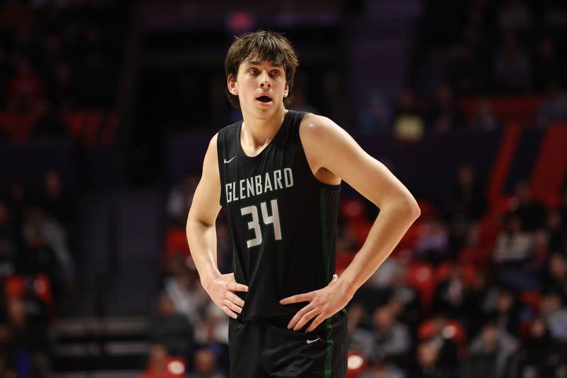 Glenbard West’s Braden Huff waits to take a free throw against Bolingbrook in the Class 4A semifinal at State Farm Center in Champaign. Friday, Mar. 11, 2022, in Champaign.