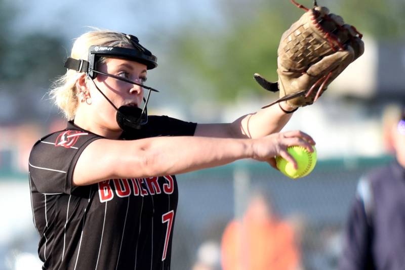 Bradley-Bourbonnais' Lydia Hammond throws a pitch during a game at Bishop McNamara Thursday, May 7, 2026.