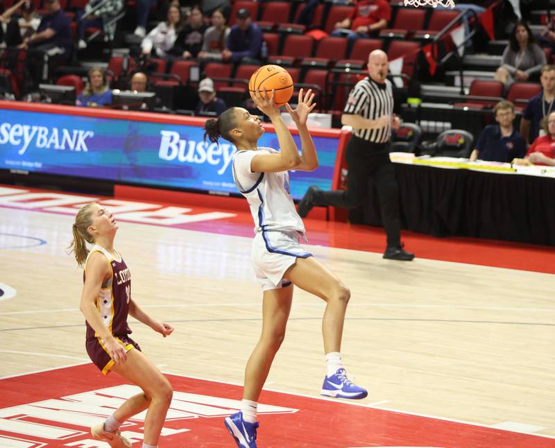Nazareth's Mia Gage runs in all alone for a layup against Loyola during the Class 4A State girls basketball championship game on Saturday, March 7, 2026 at CEFCU Arena in Normal.