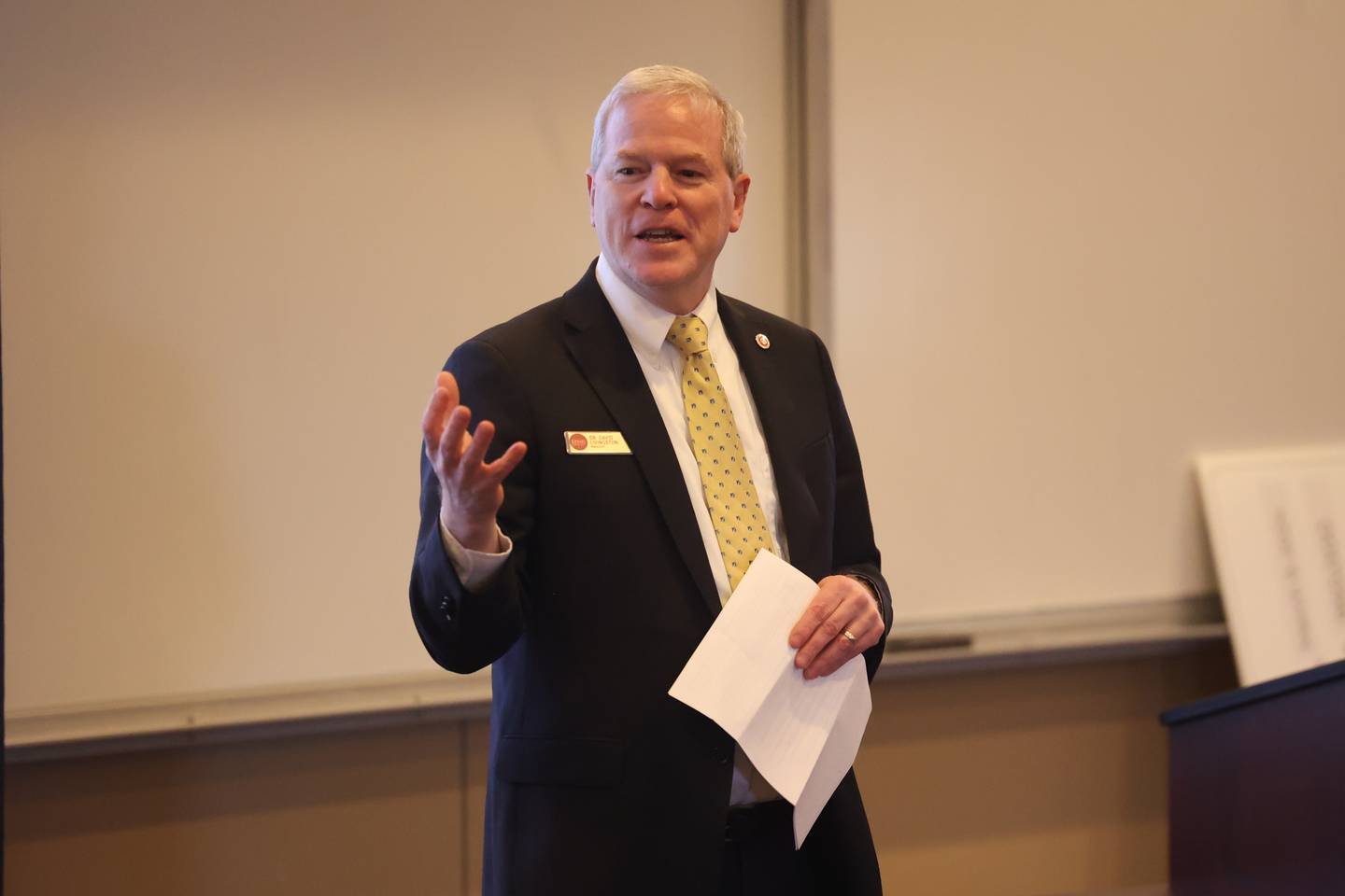 Lewis University President Dr. David Livingston speaks before Illinois District 14 Representative Lauren Underwood presents the University with a Federal check for $950,000 for semiconductor research on Tuesday, Jan 28, 2025 in Romeoville.