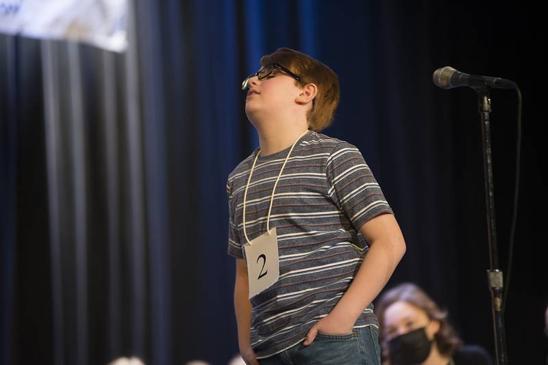 Chase Huggins of Amboy Jr. High reacts to missing the word “peacenik” during the Lee-Ogle-Whiteside Regional Spelling Bee Thursday, Feb. 24, 2022.