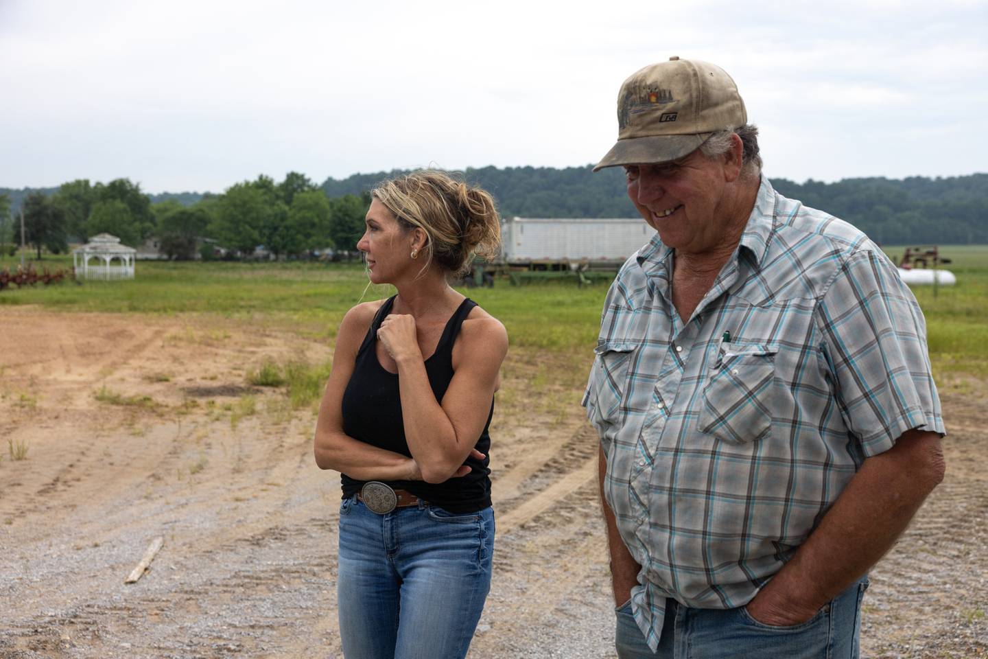 Brandy Renshaw, left, and her father, Steve Williams, finish a day of planting soybeans this spring.