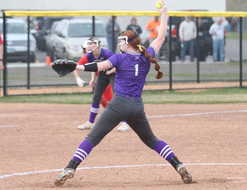 Rochelle pitcher Emma Alfano delivers a pitch to L-P on Wednesday, April 10, 2024 at the L-P Athletic Complex in La Salle.