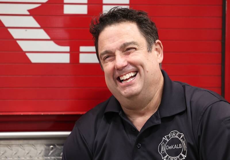 DeKalb firefighter/paramedic Pat Eriksen has a laugh as he talks Wednesday, April 17, 2024, at the DeKalb Fire Department Fire house No. 1, about what his daily routine looks like on a normal shift at the department.