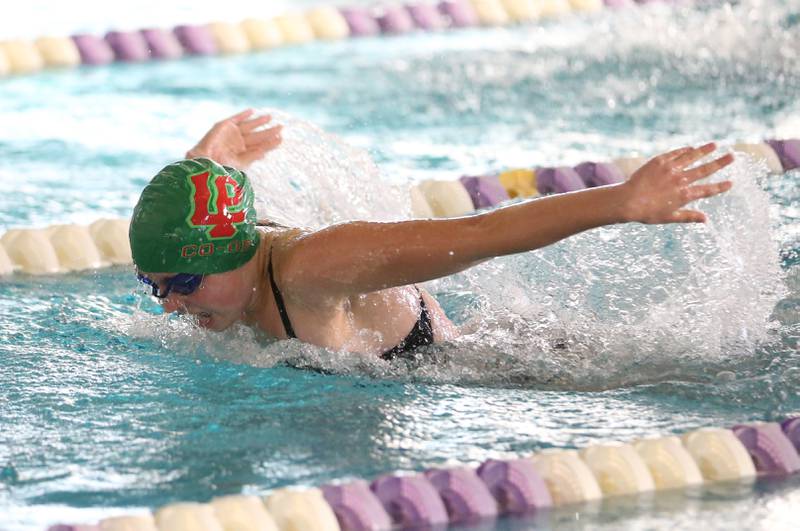L-P co-op's Addisyn Budnick competes in the 50 yard freestyle on Tuesday, Oct. 8, 2024 at the Illinois Valley YMCA in Peru.