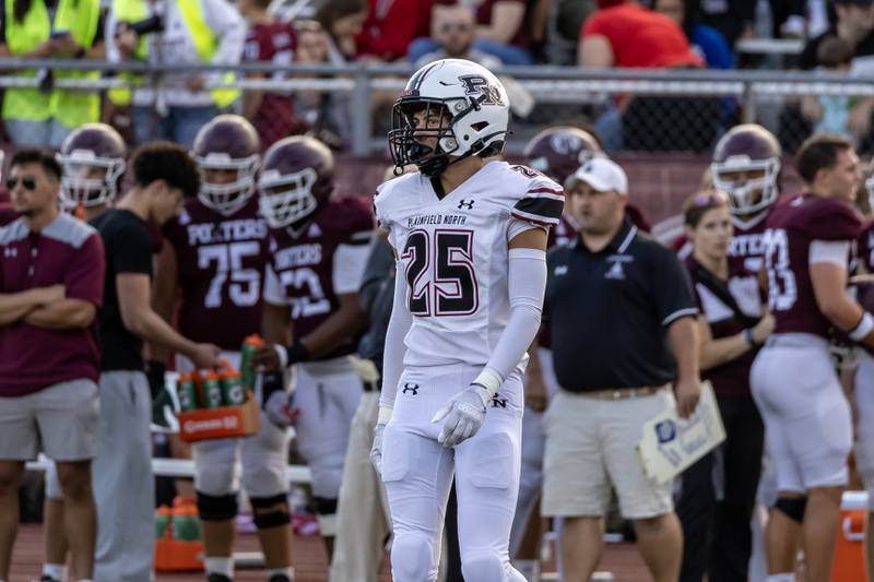 Plainfield North's Tommy Spalding takes a moment during a varsity football game at Lockport Township High School East Campus on Aug. 29, 2025.