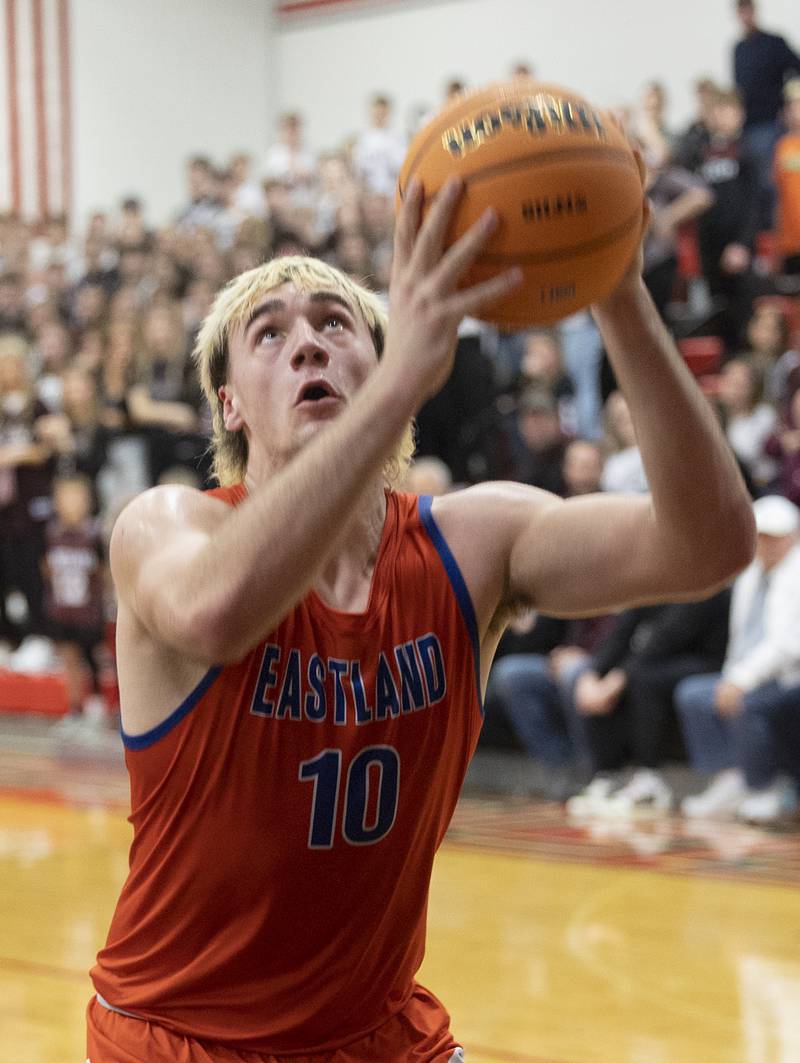 Eastland’s Zyacn Haverland works below the basket against Dakota Wednesday, March 4, 2026, in the Orion 1A sectional semifinal.