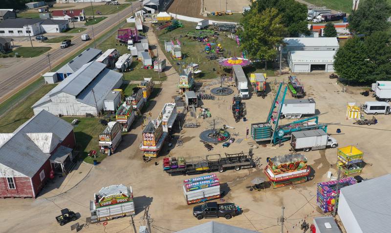 An aerial view of carnival workers setting up the 168th annual Bureau County Fair on Tuesday, Aug. 22, 2023 in Princeton. The fair runs Wednesday, Aug. 23 through Sunday Aug. 27.