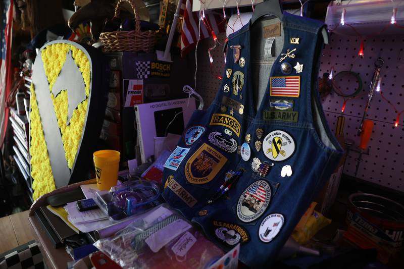 Jerome “Sonny” Zdancewicz’s veteran event vest hangs in his garage in Romeoville. Sonny has been awarded three Purple Hearts for injuries sustained while serving in Vietnam in 1968 through 1970.Friday, July 29, 2022 in Romeoville.
