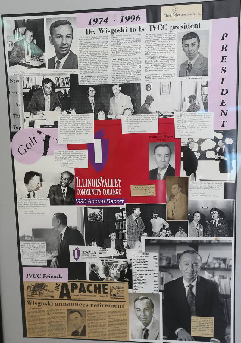 A collage of photos and stories from Dr. Wigoski was on display during Valley Community College Agriculture groundbreaking ceremony on Friday, Aug. 22, 2025 at Illinois Valley Community College in Oglesby. The new building will be named in honor of Dr. Alfred E. Wisgoski. The Wisgoski family donated a one-million dollars toward the new facility. Other funding came from family, funds from the federal Economic Development Administration and the state of Illinois Department of Commerce and Economic Opportunity. The building will not only provide physical spaces that reflect the program’s growth, innovation, and capabilities, but the IVCC Agricultural Education Center will also serve as a focal point for agricultural industry activities within the community. The building will take one-year to complete.