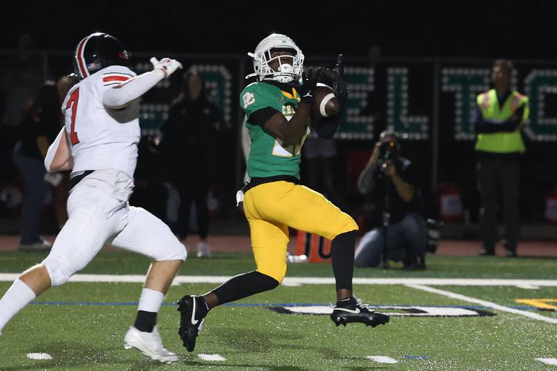 Providence’s Jaylen McMiller intercepts a pass against Lincoln-Way Central on Friday, Sept. 6, 2024 in New Lenox.