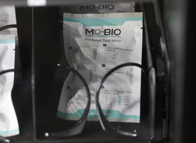 Fentanyl test strips inside a vending machine on Wednesday, Oct. 4, 2023, at the Other Side Cafe & Sober Bar in Crystal Lake. The vending machine is one of several free Narcan vending machines installed around the county by the McHenry County Mental Health Board.