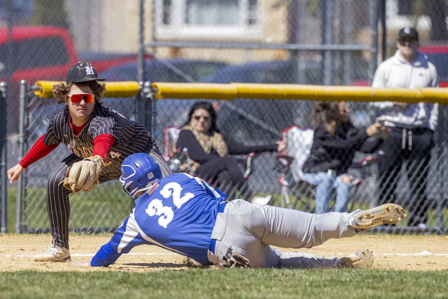 Payton Dye of Hall High School applies the tag to Luke Smith of Princeton for the out on April 6, 2024 at Foley Field.