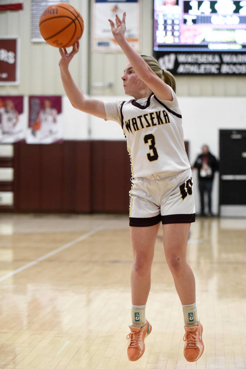 Watseka/Milford's Rennah Barrett shoots a 3-pointer during a home game against Cissna Park Monday, Feb. 9, 2026.