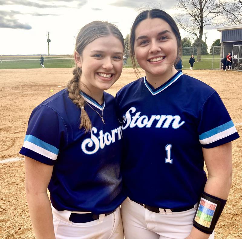 Catcher Emily Wright (left) and pitcher Madison Smith each had two hits to lead Bureau Valley to a 5-3 win over Orion Friday in Manlius.