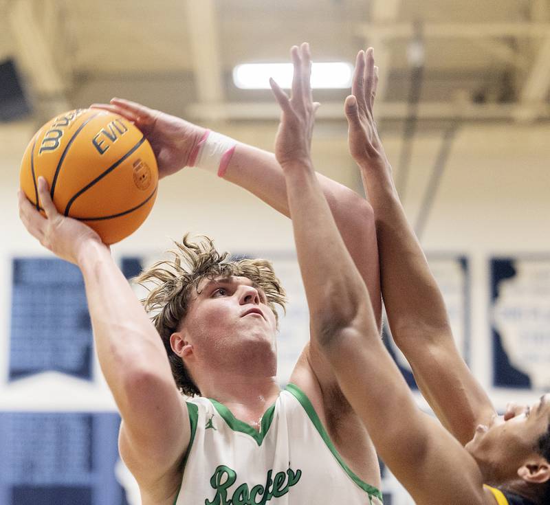 Rock Falls’ Cole Mulnix looks towards the hoop against Riverdale Friday, Feb. 28, 2025, during the Class 2A Regional final at Bureau Valley High School.