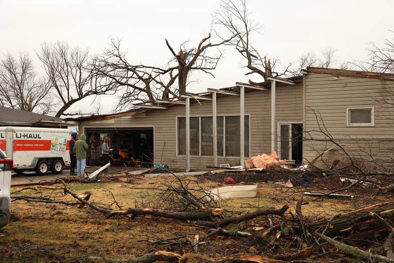 Damage is seen along Elmwood Drive in Aroma Park  on March 11, 2026 following a March 10 tornado that passed through Kankakee County.