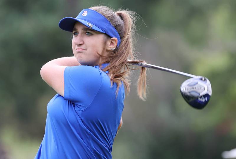 Dundee Crown’s Magen Laas tees off on the first hole Thursday, Sept. 28, 2023, during the Class 2A girls golf regional at Sycamore Golf Club in Sycamore.
